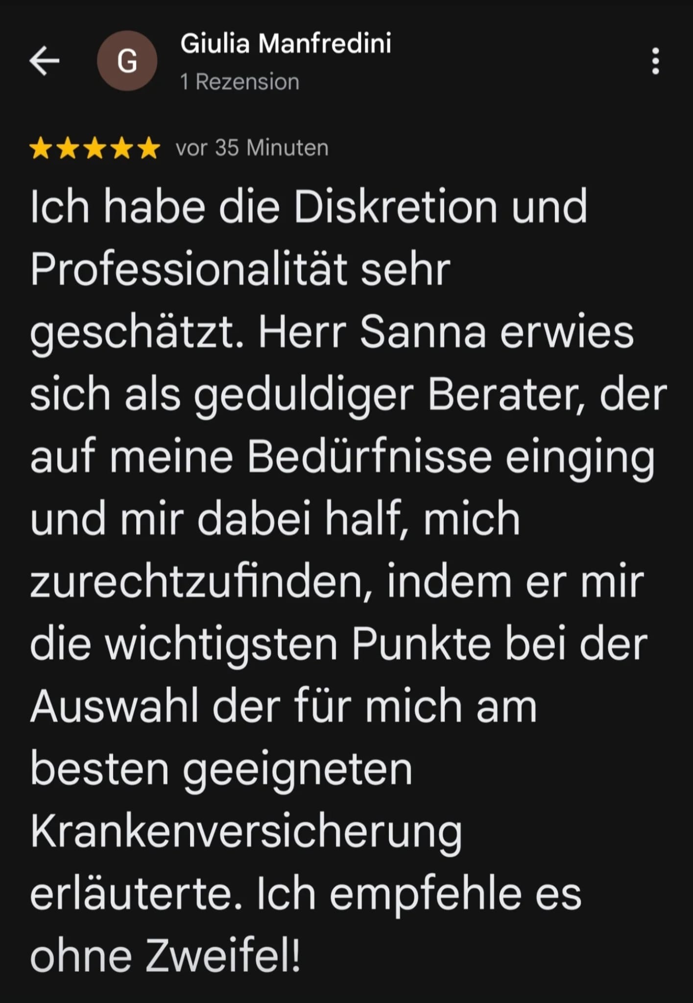 Google Bewertung 5 für Giulio Sanna