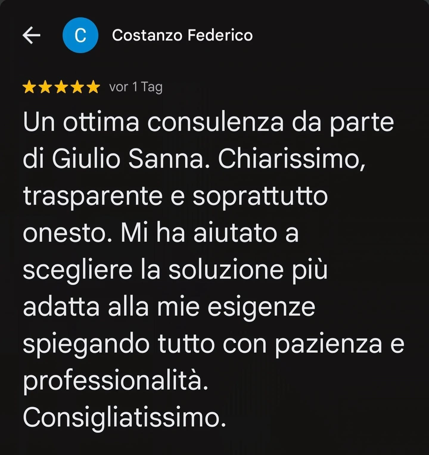 Google Bewertung 22 für Giulio Sanna