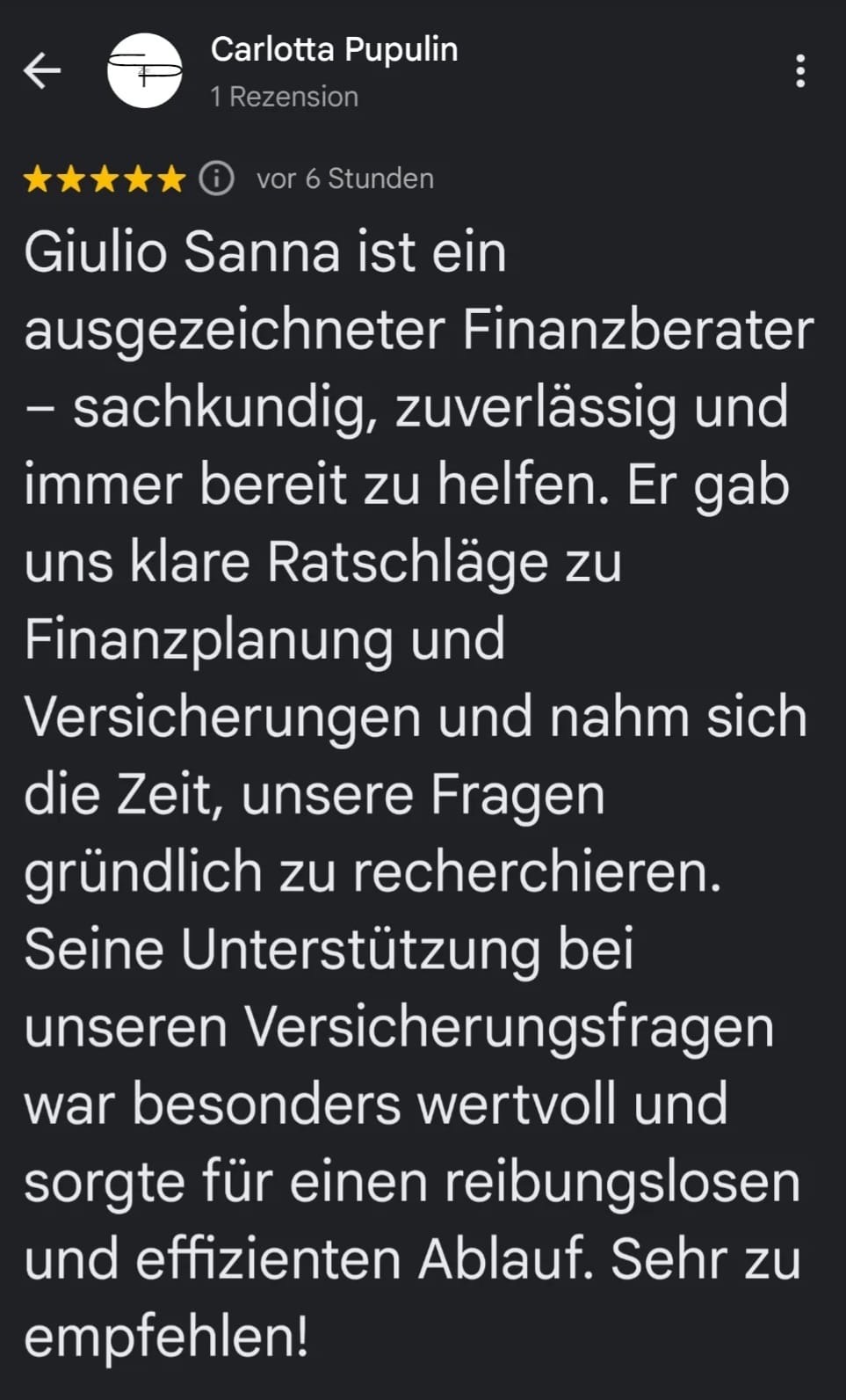 Google Bewertung 2 für Giulio Sanna