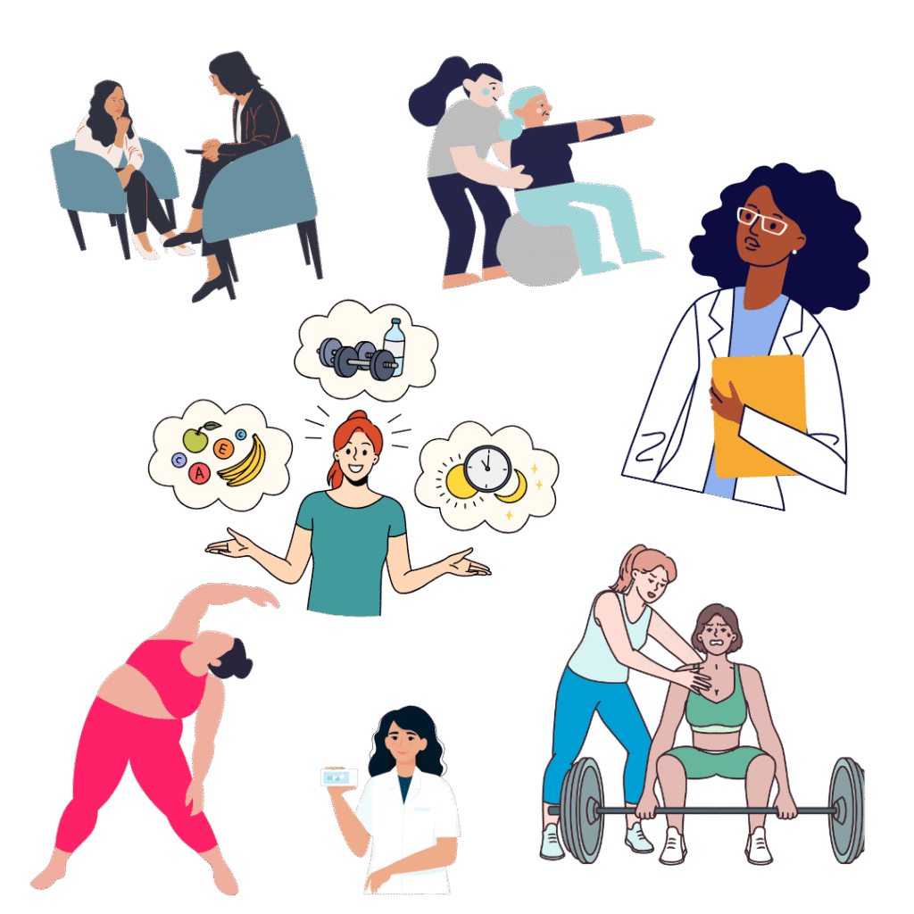 Illustration of diverse wellness and healthcare professionals