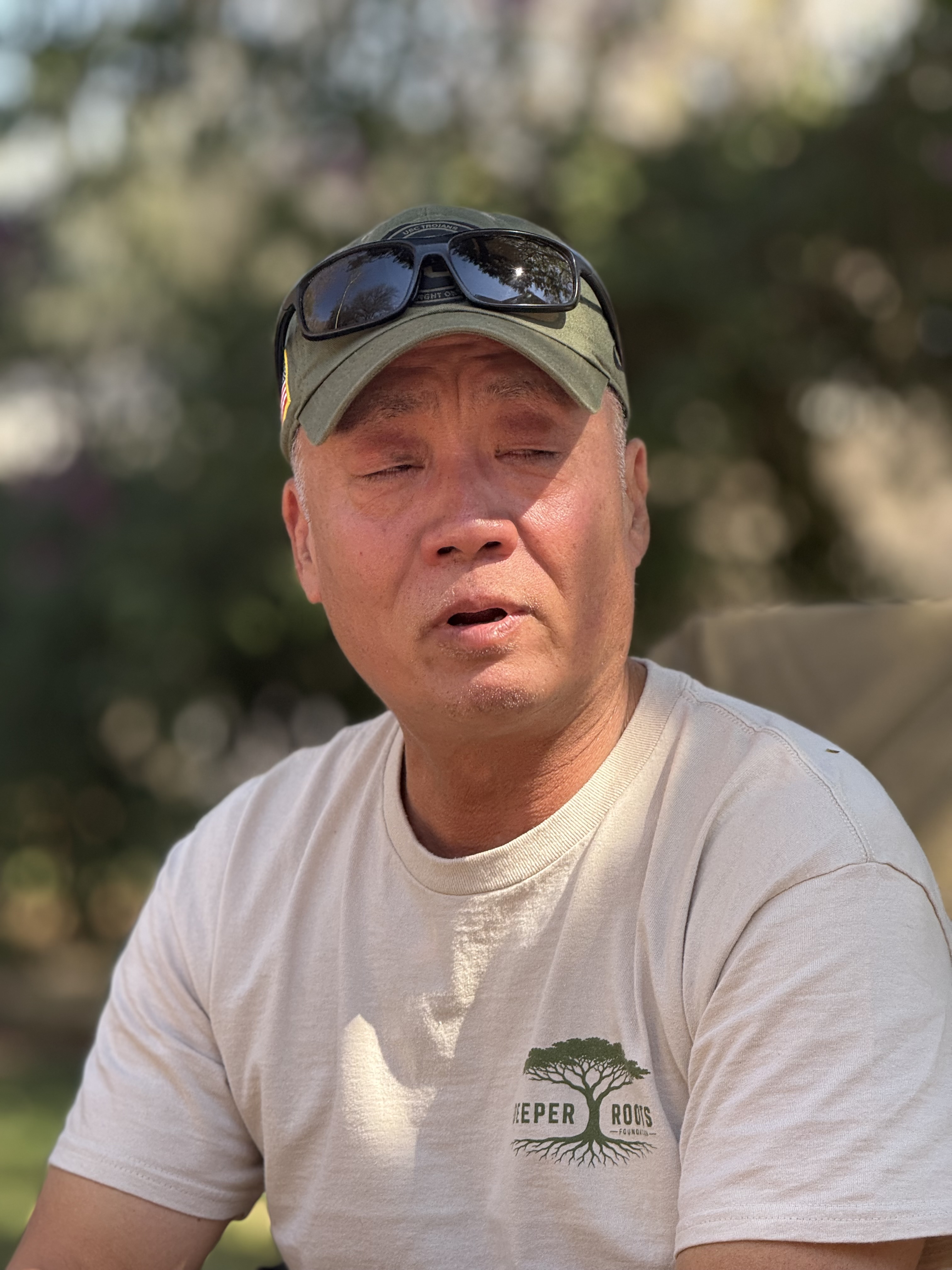 Soldiers on Safari veteran in the bushveld, eyes closed in a moment of stillness