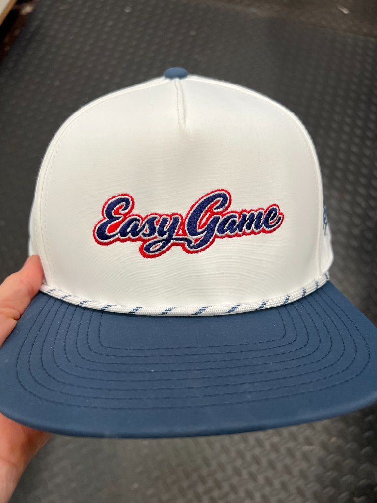 EasyGame logo embroidered on a white and blue cap by Sew Suite