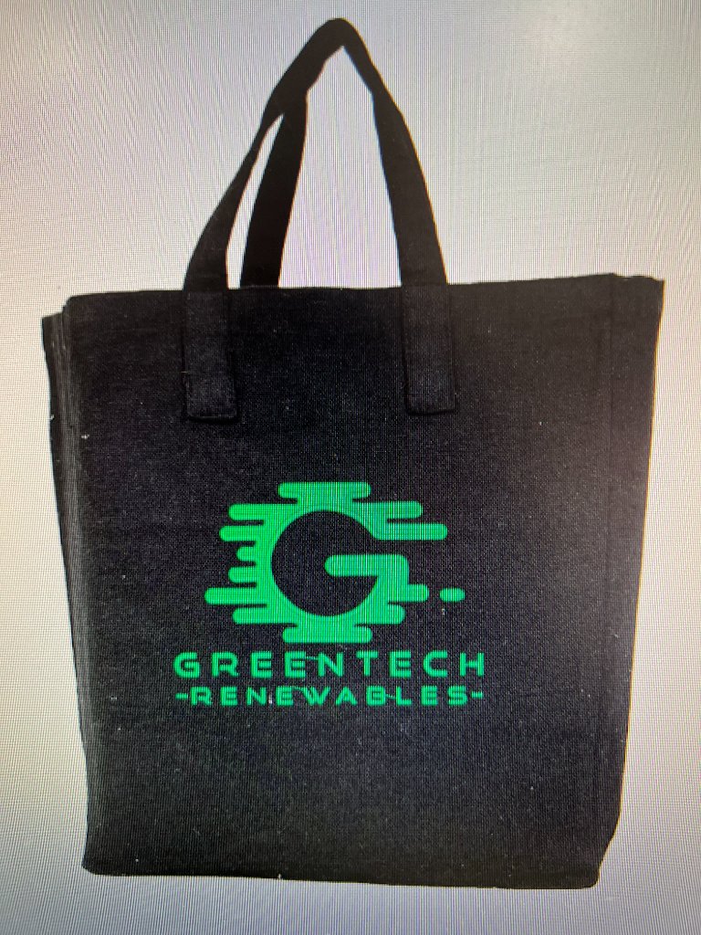 GreenTech Renewables logo embroidered on a black tote bag by Sew Suite