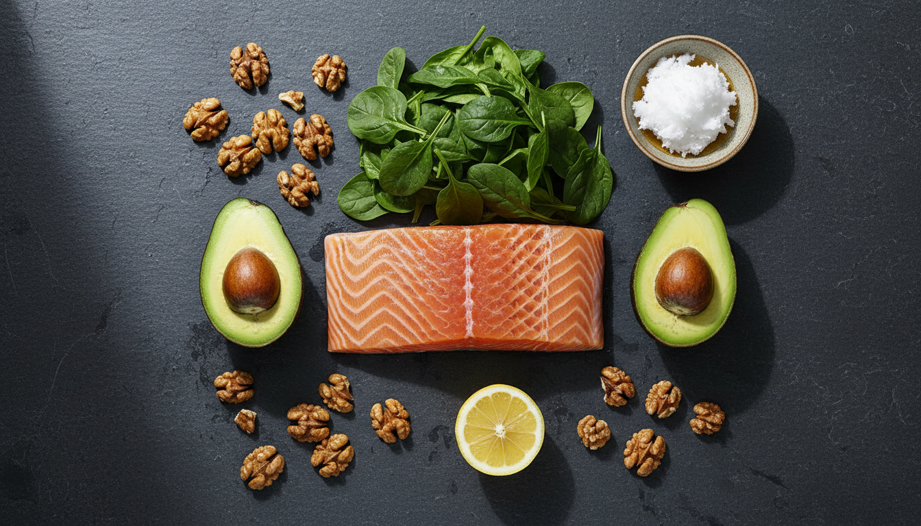Fresh ketogenic ingredients: salmon, avocados, walnuts, and leafy greens on stone surface