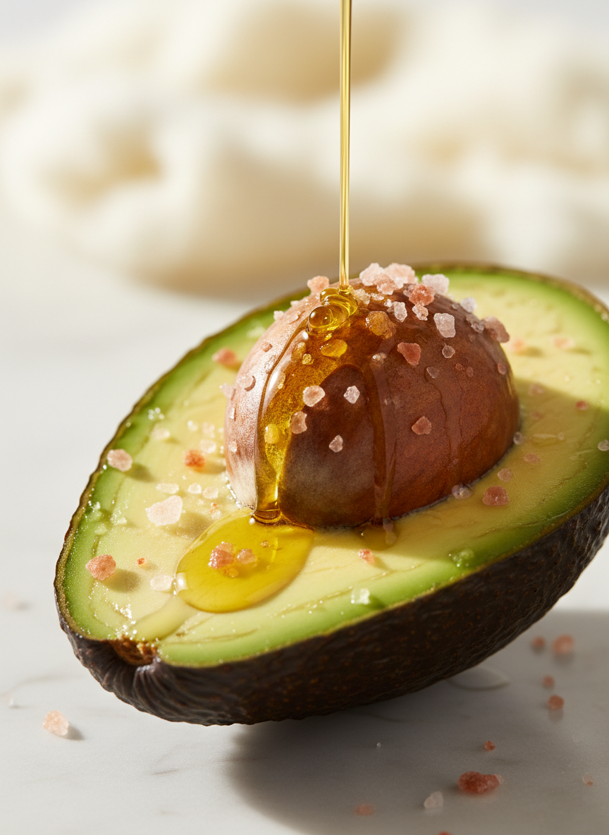 Macro shot of fresh avocado with olive oil and salt crystals