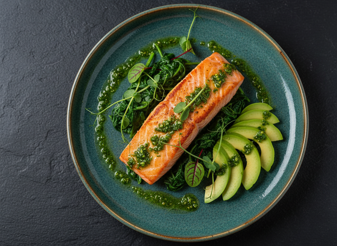 Delicious ketogenic meal with grilled salmon and fresh vegetables