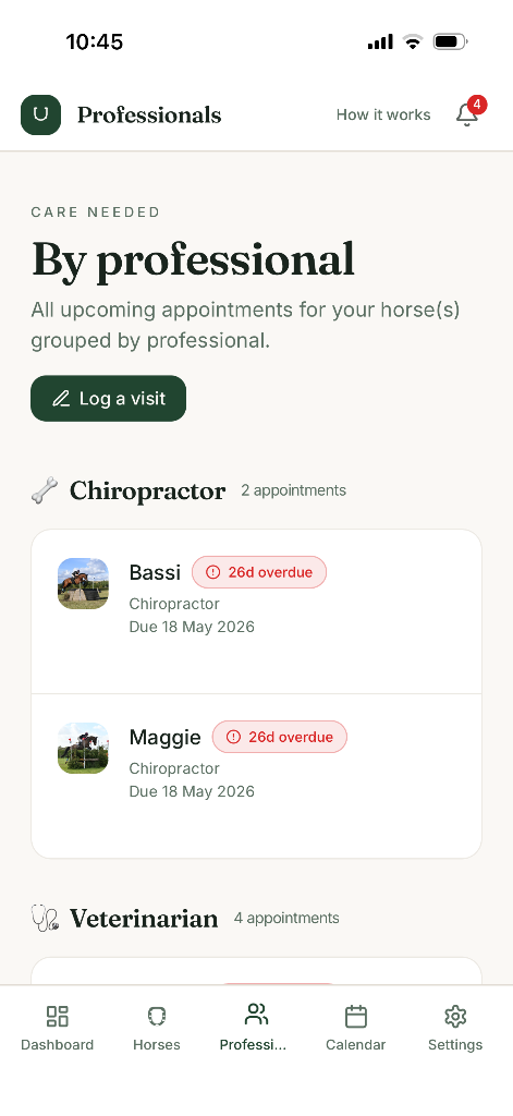 HorsePlan Professionals screen showing appointments