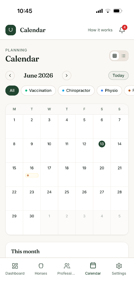 HorsePlan Calendar showing upcoming appointments