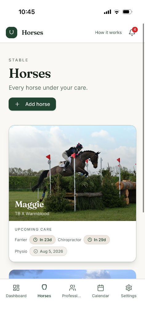 HorsePlan Horses screen showing horse profile