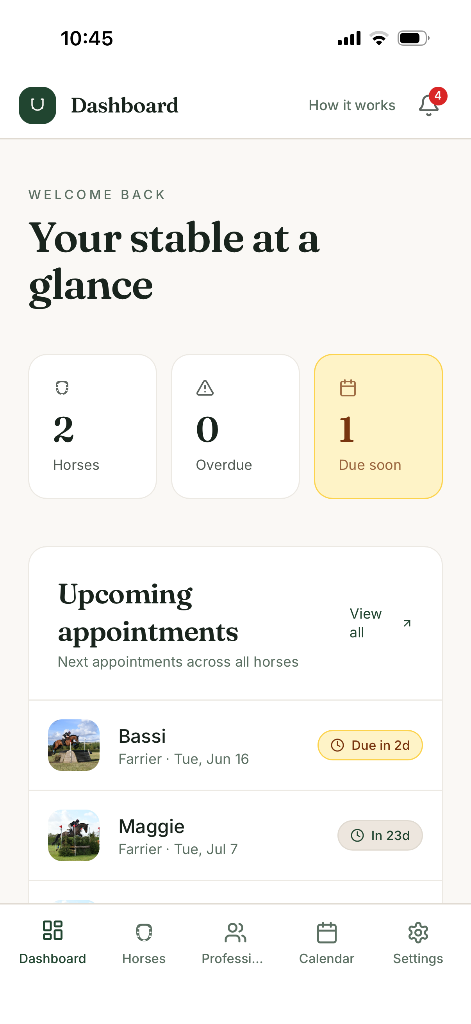 HorsePlan Dashboard showing stable overview