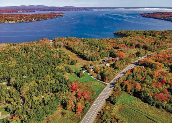 Aerial view of Route 3 corridor and Frenchman Bay, Bar Harbor — Hamilton Station area