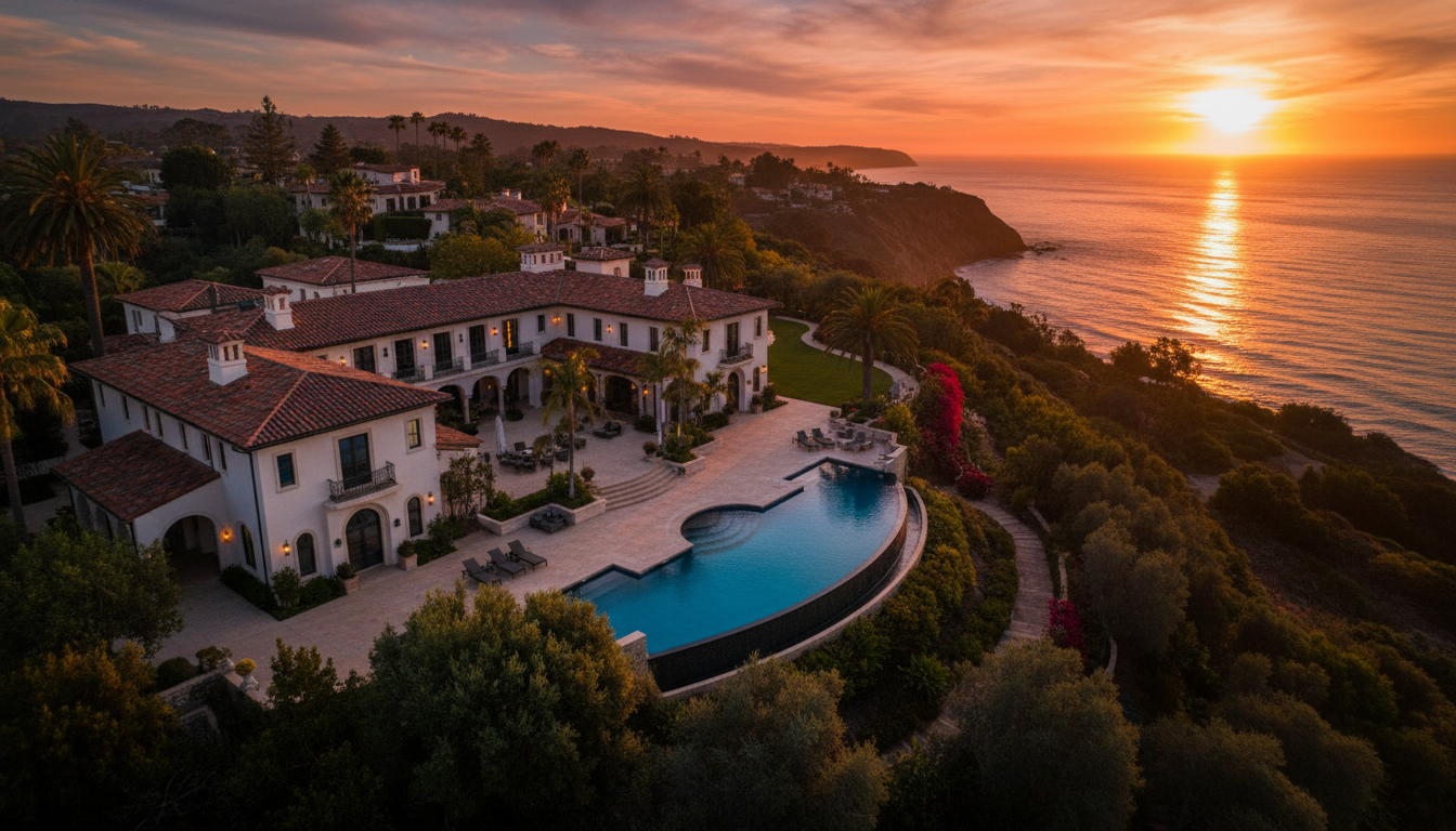 Aerial drone shot of luxury California estate at golden hour