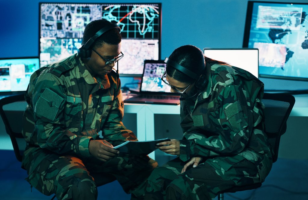 Military students studying together