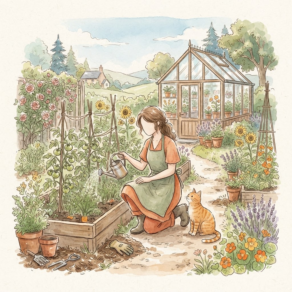 Watercolor illustration of a gardener and a cat in a cozy vegetable garden