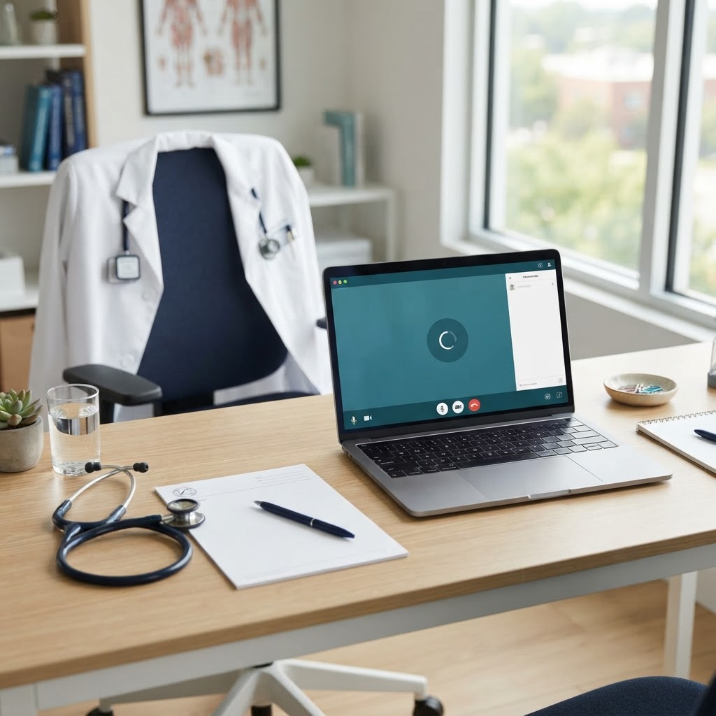 A stethoscope, prescription pad, and laptop set up for a virtual visit