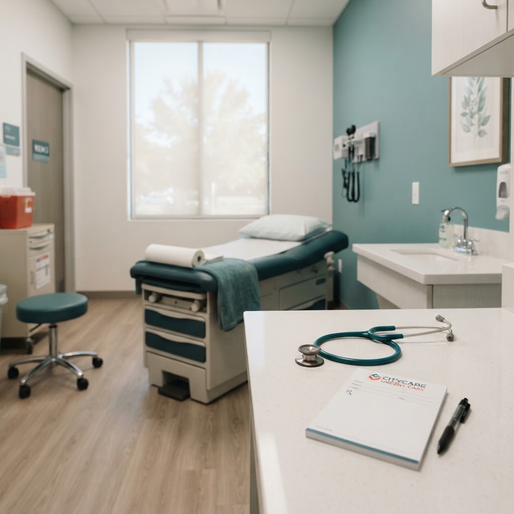 A bright, modern urgent care clinic examination room with a stethoscope and prescription pad
