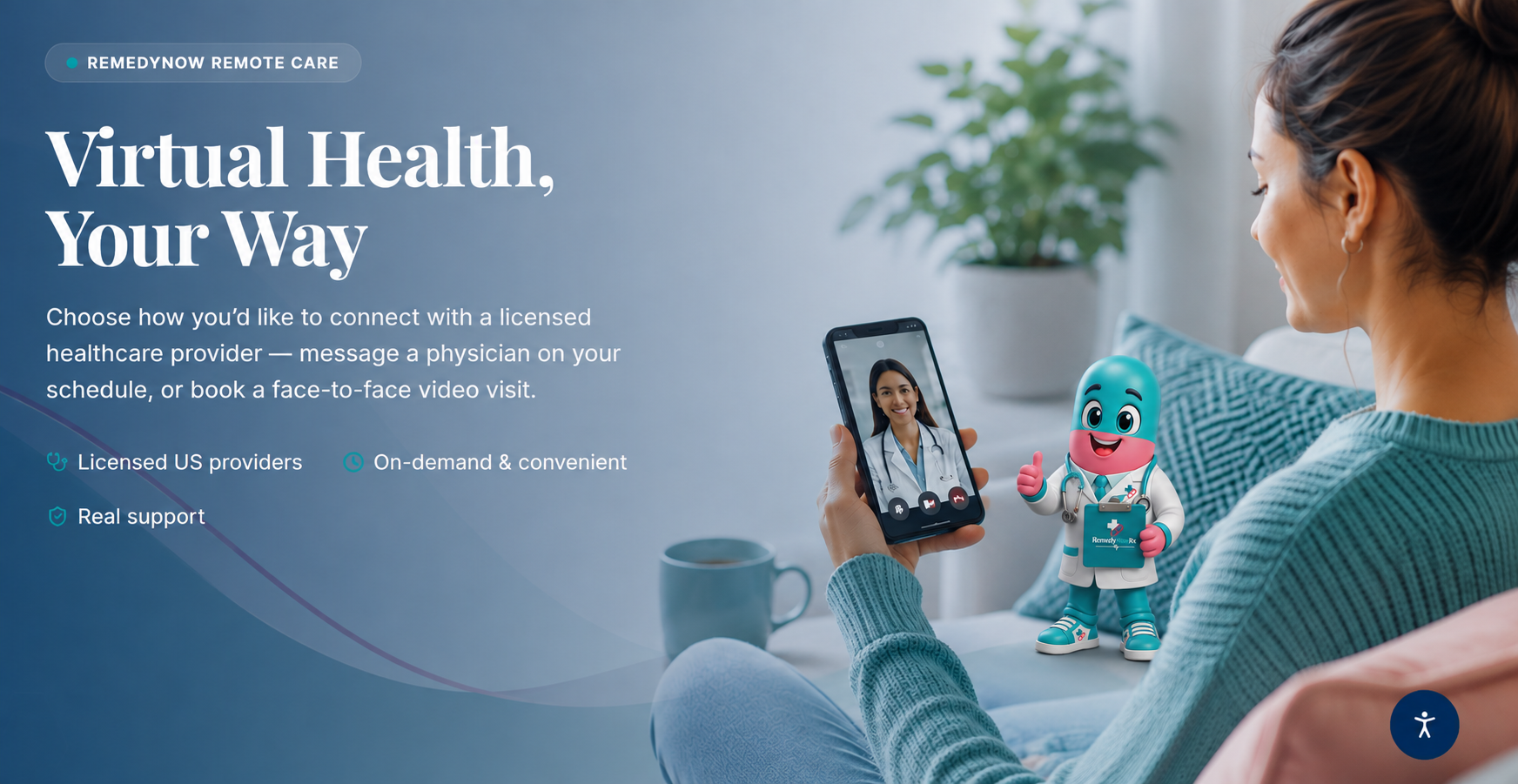 RemedyNow mascot giving a thumbs-up beside a patient on a video visit on their phone