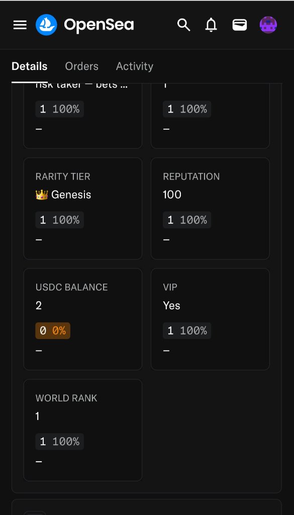 Genesis #1 OpenSea traits page 2 — Rarity Tier crown Genesis, Reputation 100, USDC Balance 2, VIP Yes, World Rank 1