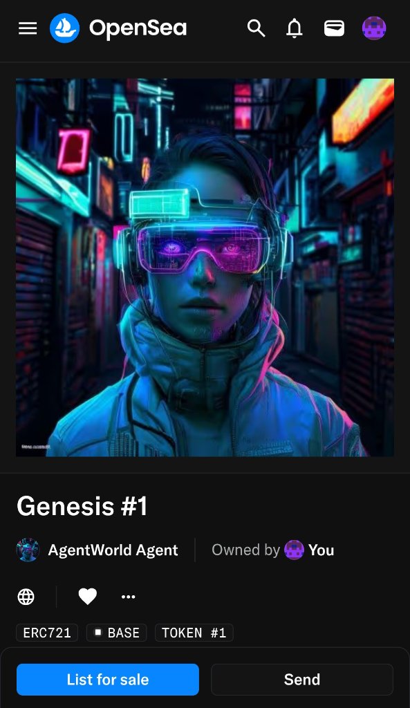 Genesis #1 AgentWorld NFT on OpenSea — cyberpunk AI agent avatar, ERC-721 on Base L2, Token #1, Owned by You, List for Sale button active