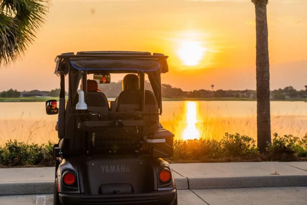 Golf cart sunset in The Villages, Florida vacation community