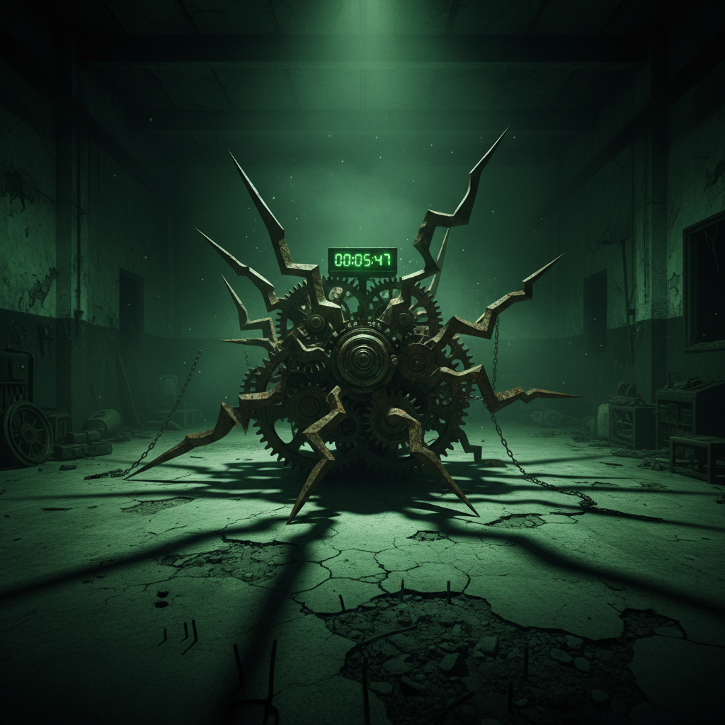 SAW Themed Gerrymandering: dark industrial warehouse with neon green glowing gear puzzle trap shaped like voting districts