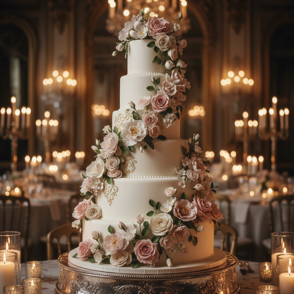 Gâteau de mariage haut de gamme à cinq étages avec fleurs en sucre — Délices Éthérés, Gatineau