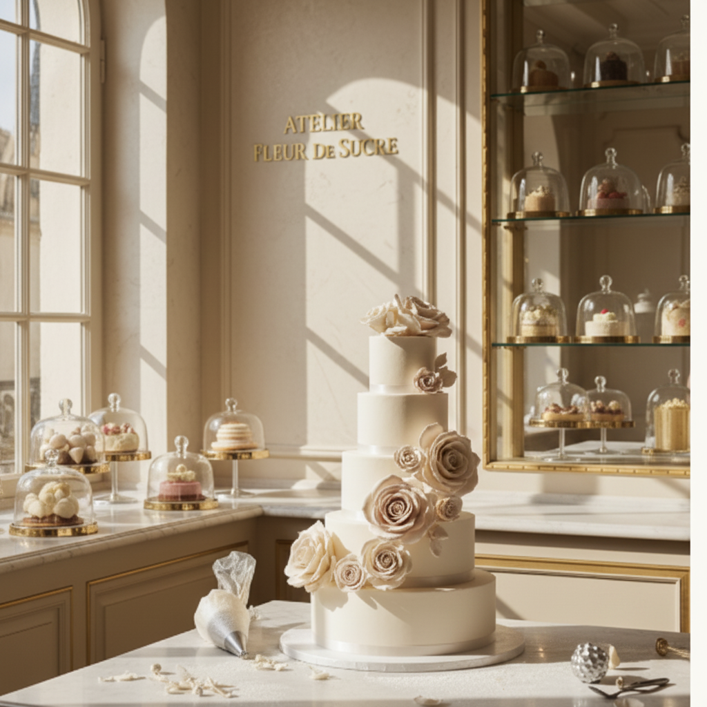 Pâtissière créant un gâteau de mariage artisanal dans son atelier — Délices Éthérés