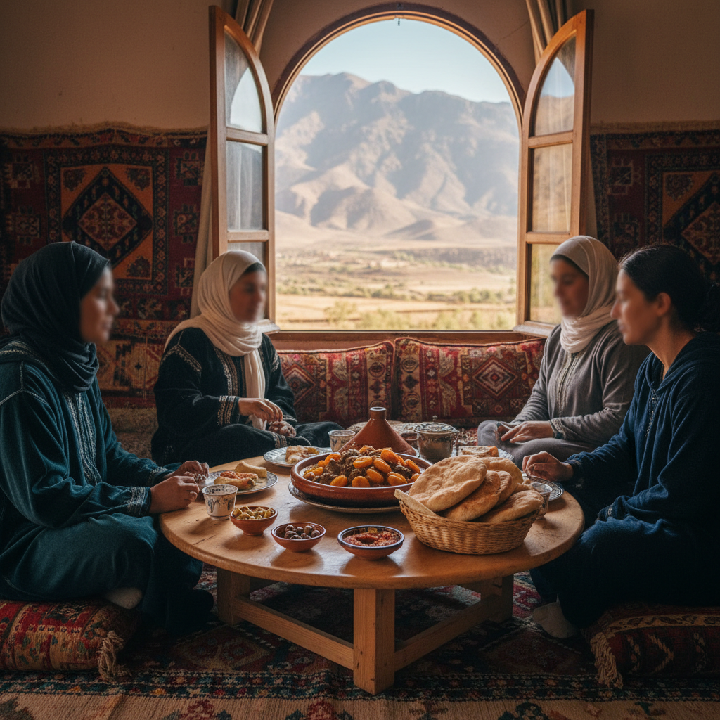 Local family lunch during an Atlas Mountains day trip from Marrakech