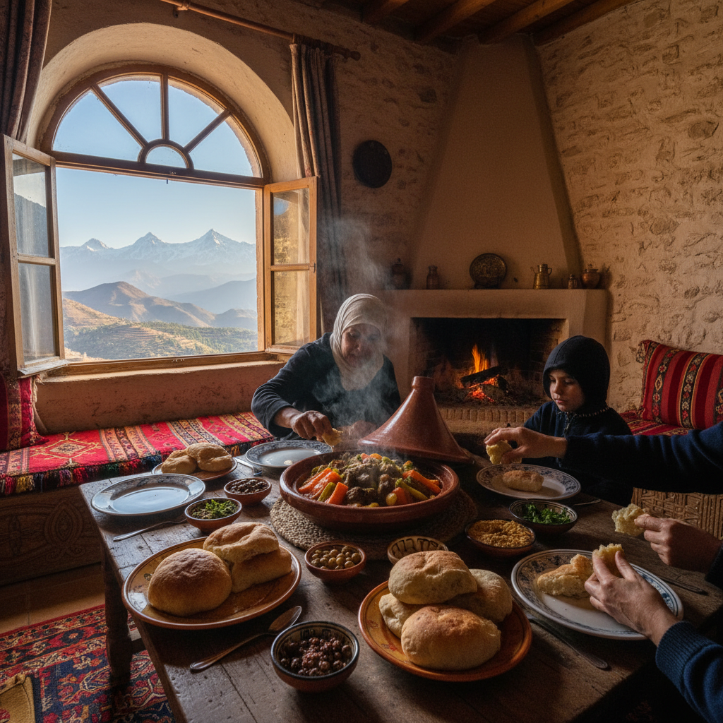 Local family lunch during an Atlas Mountains day trip from Marrakech
