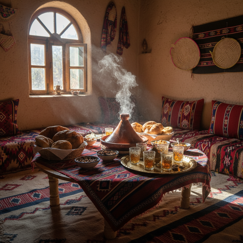 Local family lunch during an Atlas Mountains day trip from Marrakech