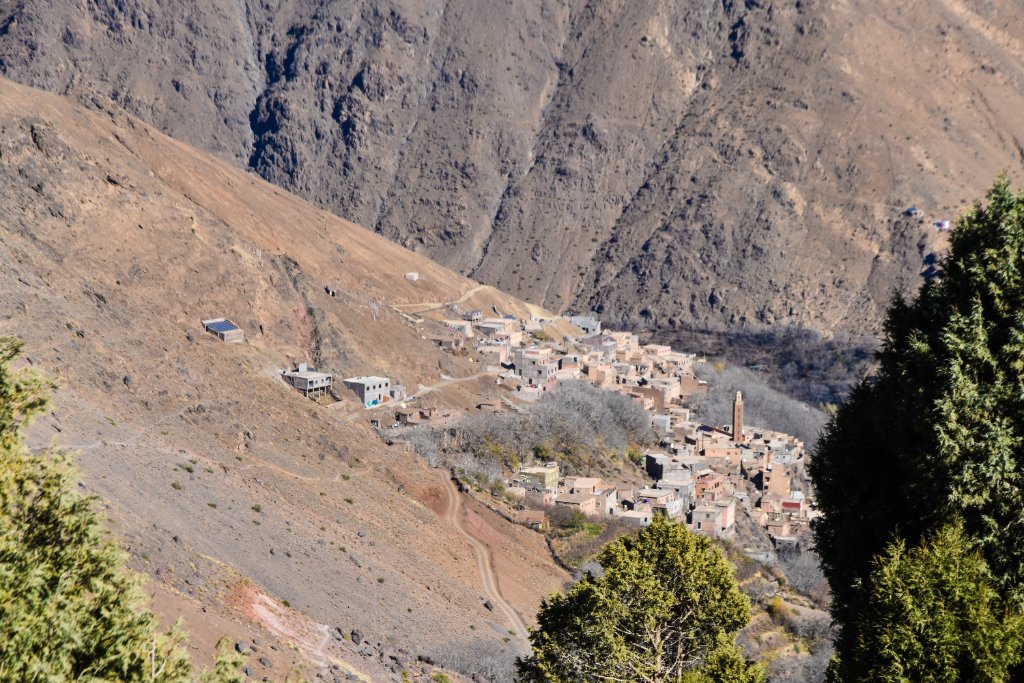 Traditional Amazigh village visible from a walking trail above Imlil in the High Atlas