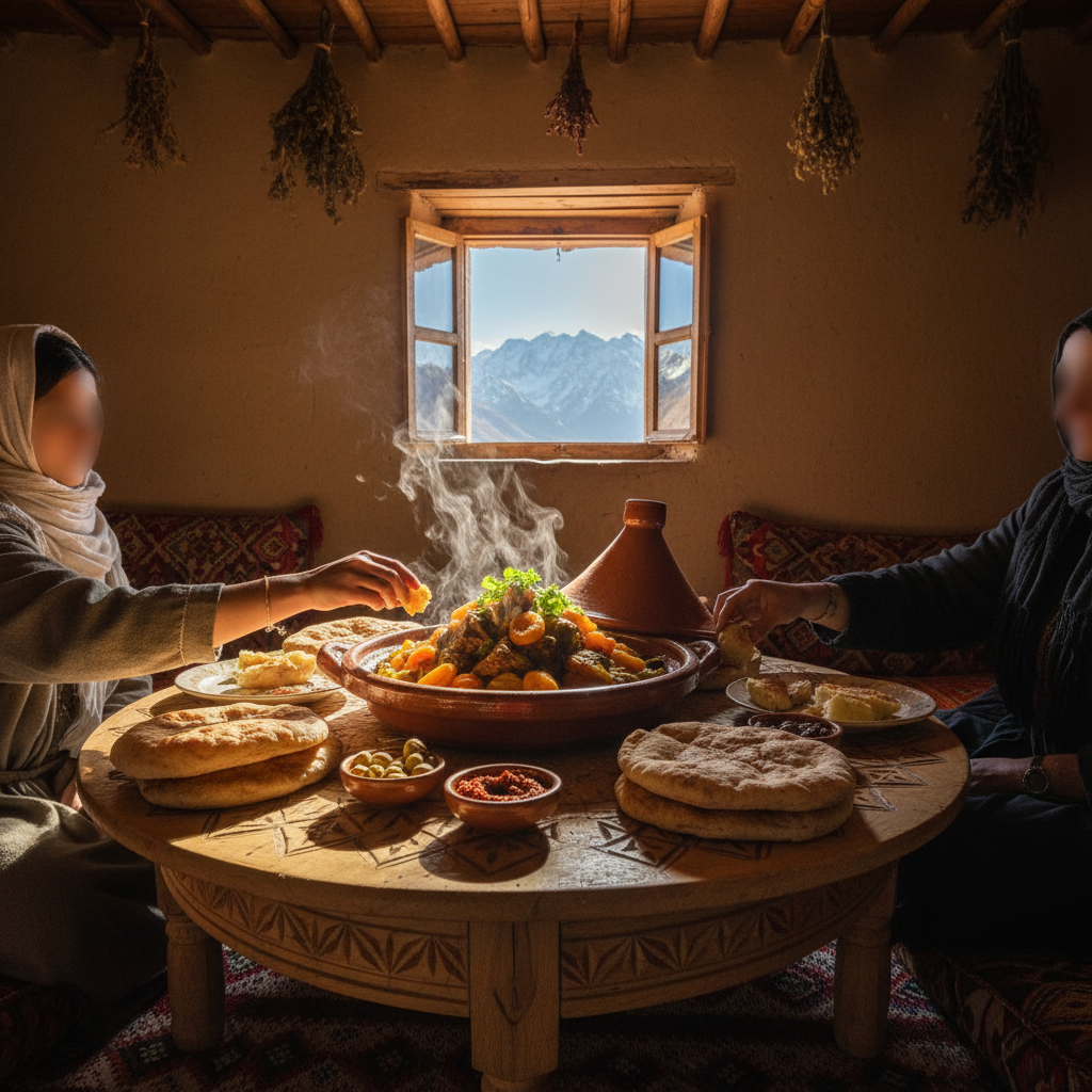 Local family lunch during an Atlas Mountains day trip from Marrakech
