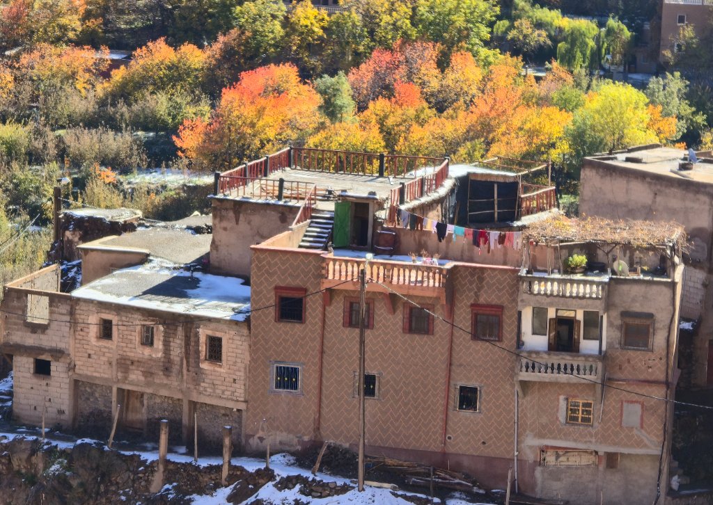 A traditional Amazigh pisé home with lattice-patterned walls among autumn trees in Imlil