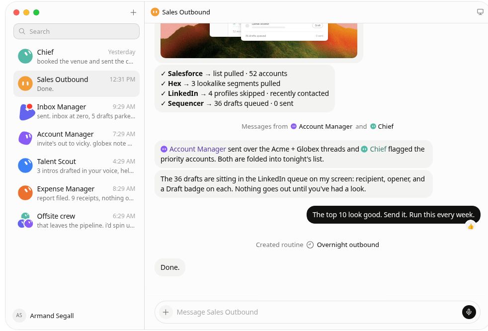 Grok Bot website demonstration with a sidebar of named assistants and a coordinated sales workflow in the main conversation.