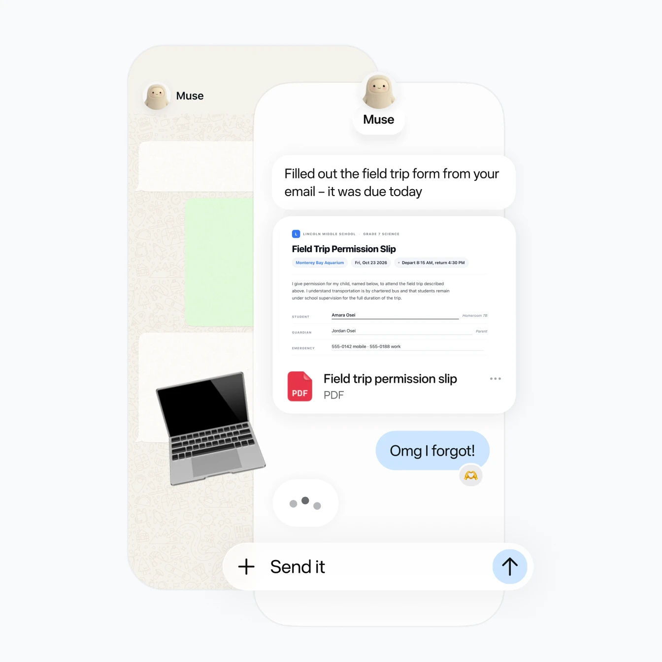 Meta Muse promotional illustration showing an assistant preparing a field-trip permission form and a user asking it to send the form.