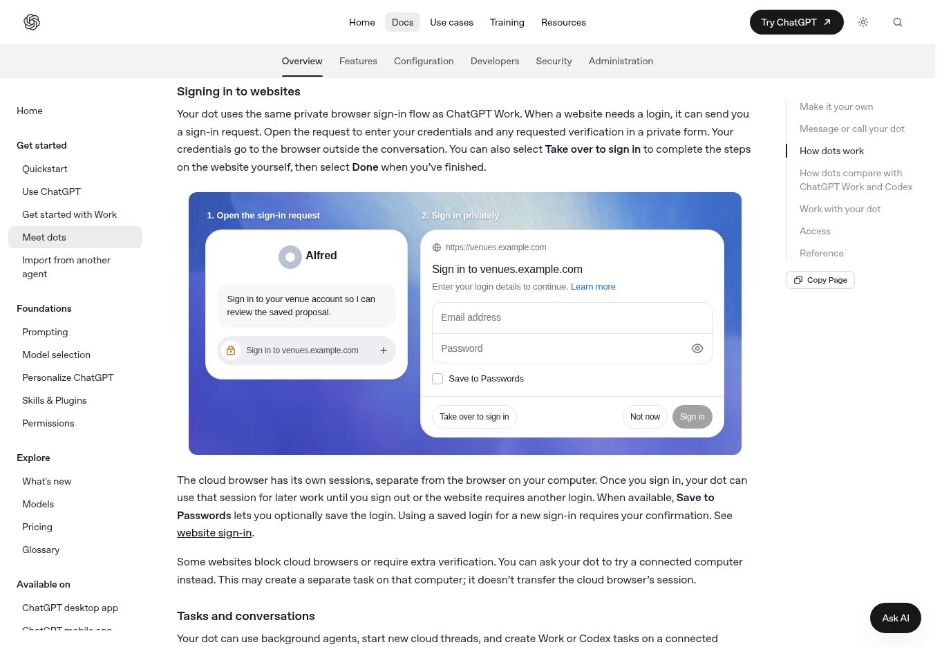 ChatGPT Dots documentation showing Alfred requesting website access and an illustrative private sign-in form with browser takeover.