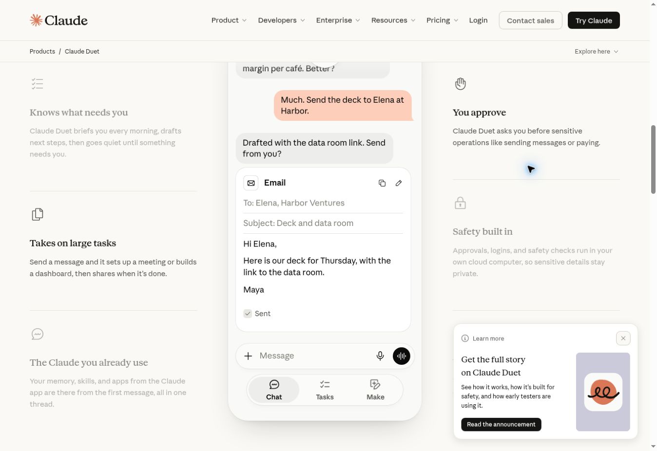 Claude Duet product page showing a mobile conversation and a business email draft alongside descriptions of task handling and approval controls.