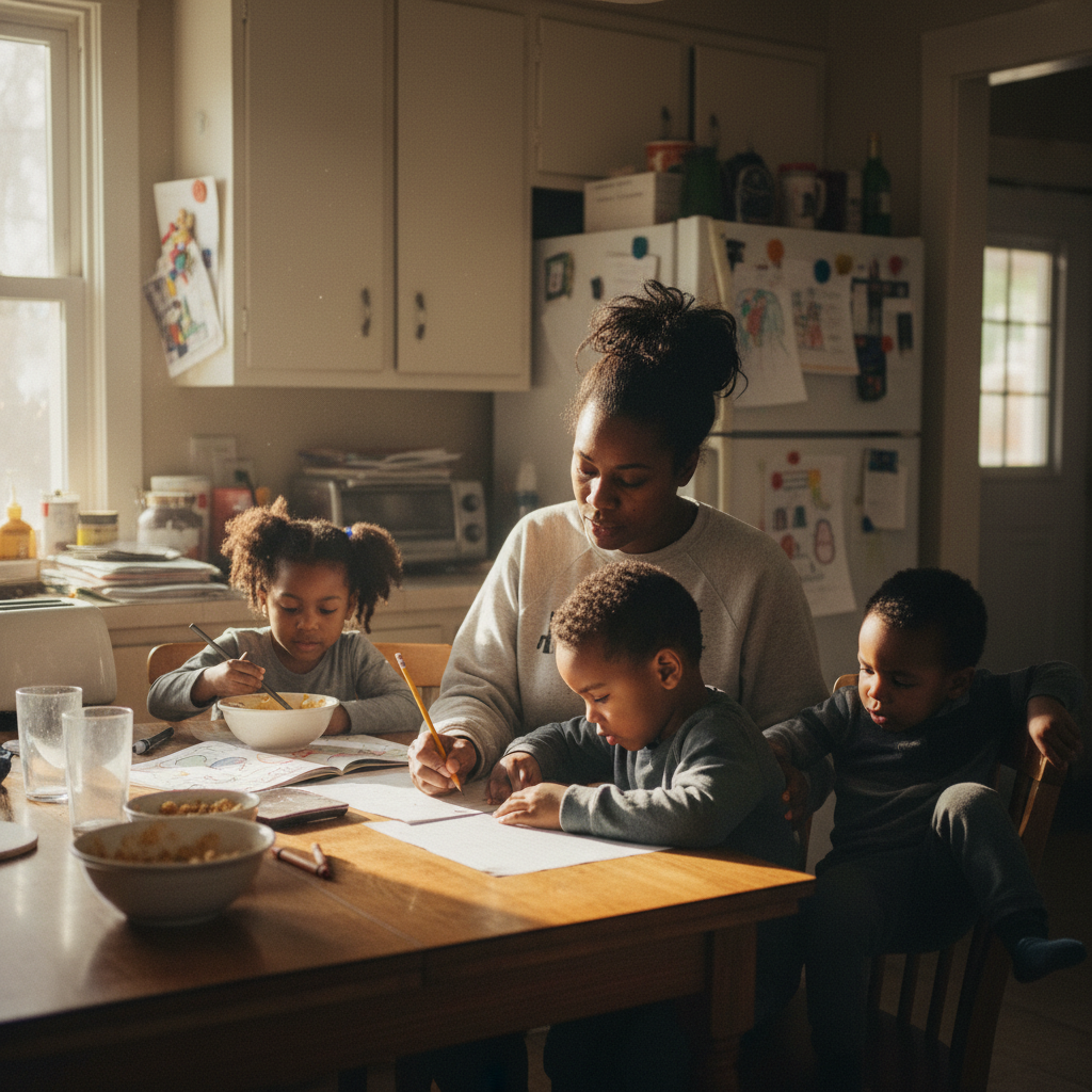 African American mom with three young kids writing a letter at home