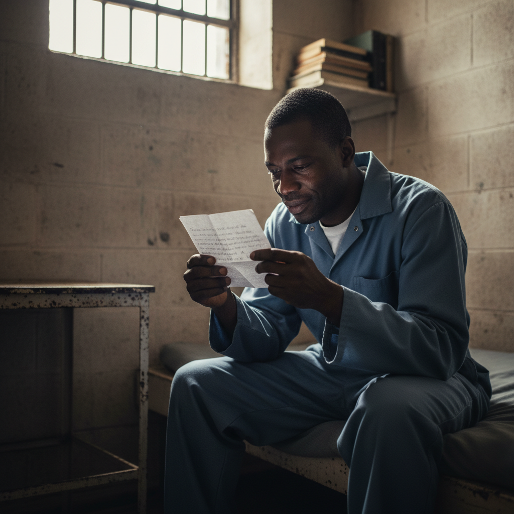 An incarcerated Black man in a quiet moment with a handwritten letter, caught in raw emotion in his prison cell