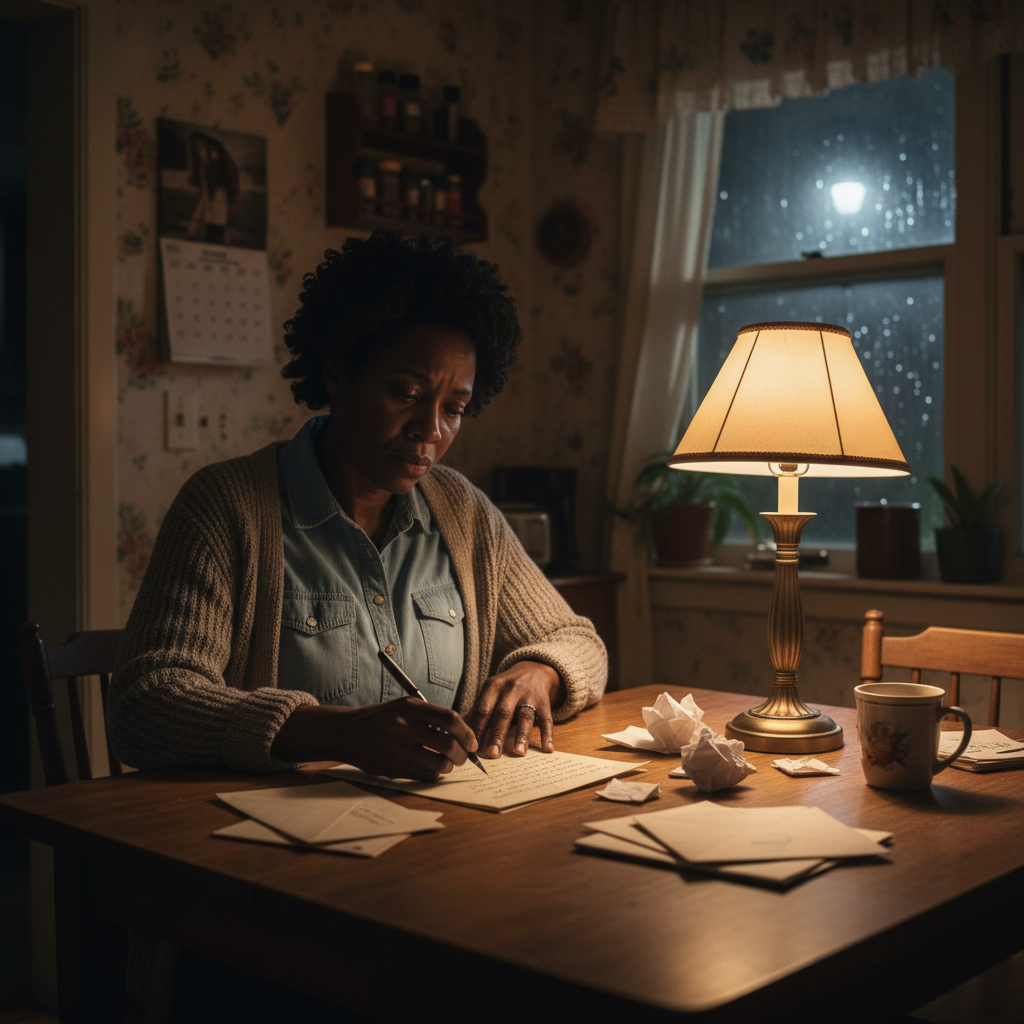 A Black mother sitting at her kitchen table writing a heartfelt letter to her son in prison