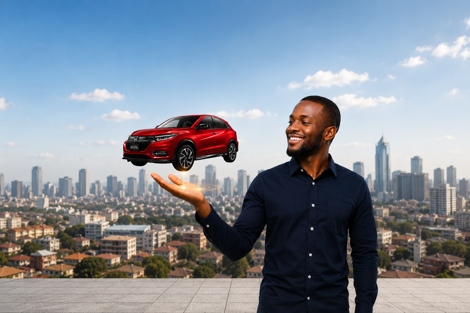 A man presenting a vehicle on a city rooftop