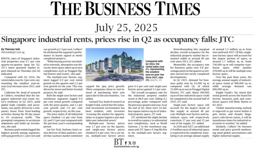 Singapore industrial rents, prices rise in Q2 as occupancy falls: JTC