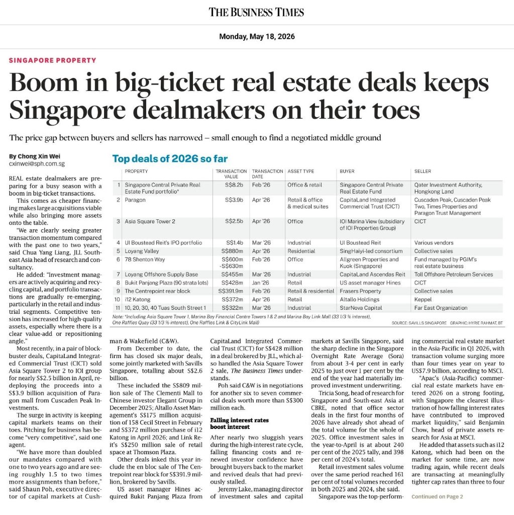 Boom in big-ticket real estate deals keeps Singapore dealmakers on their toes
