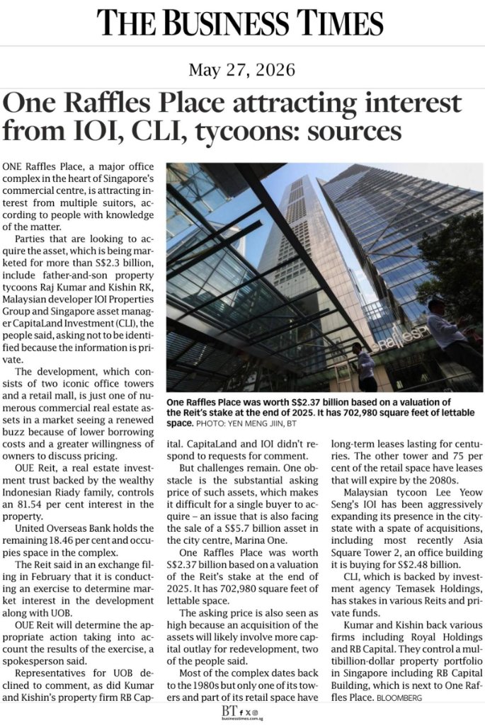 One Raffles Place attracting interest from IOI, CLI, tycoons: sources