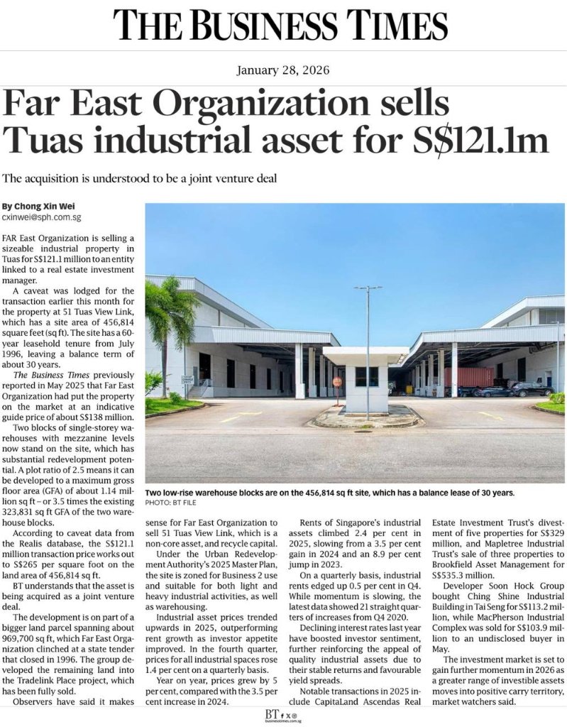 Oxley's Chings, LHN, KSH, Soon Hock form joint venture for S$351m industrial property