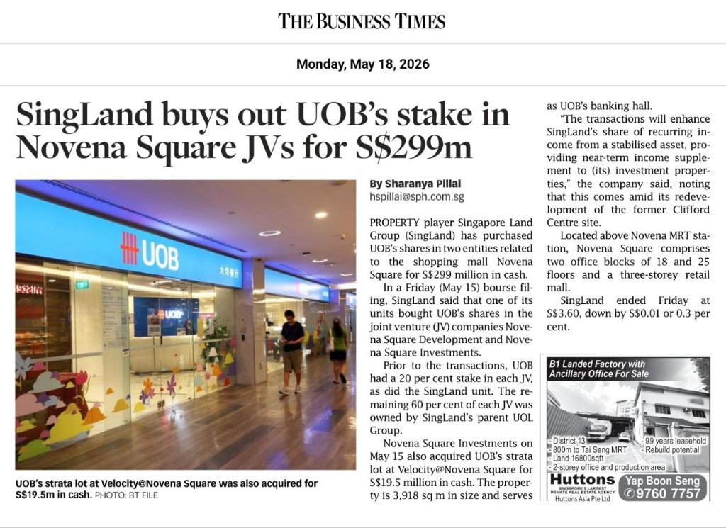 SingLand buys out UOB's stake in Novena Square JVs for S$299m