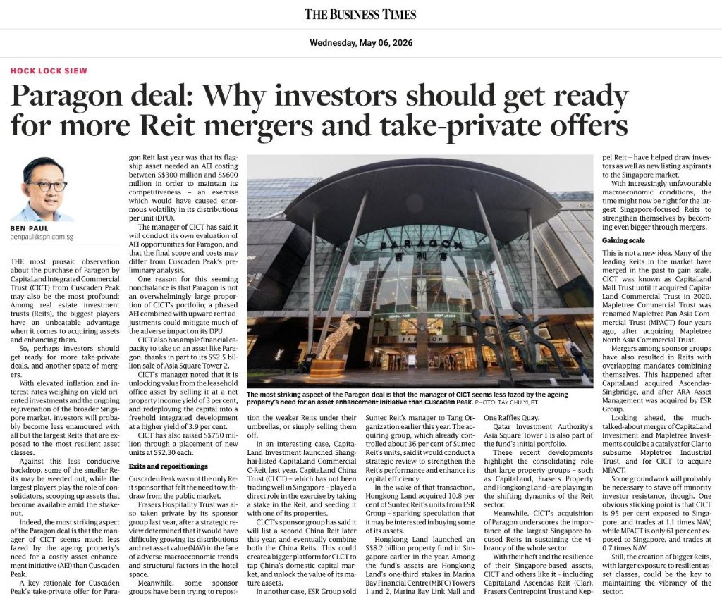Paragon deal: Why investors should get ready for more Reit mergers and take-private offers