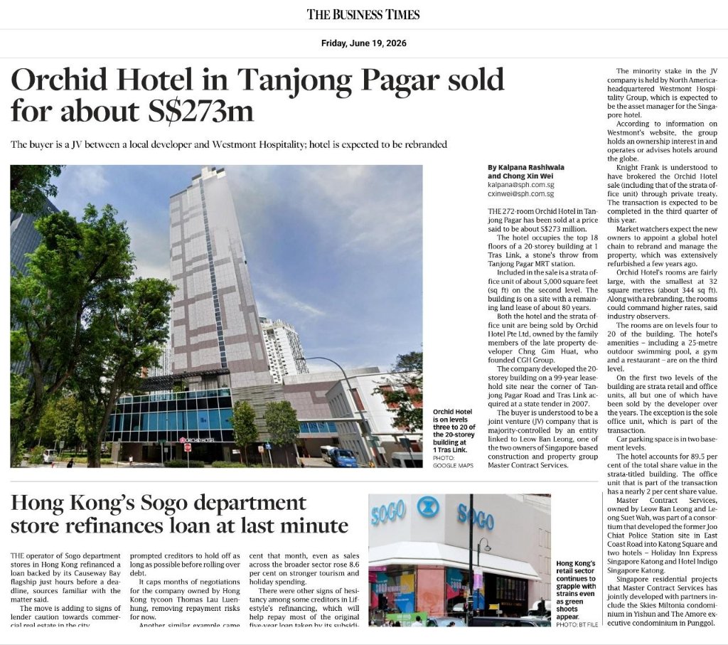 Orchid Hotel in Tanjong Pagar sold for about S$273m