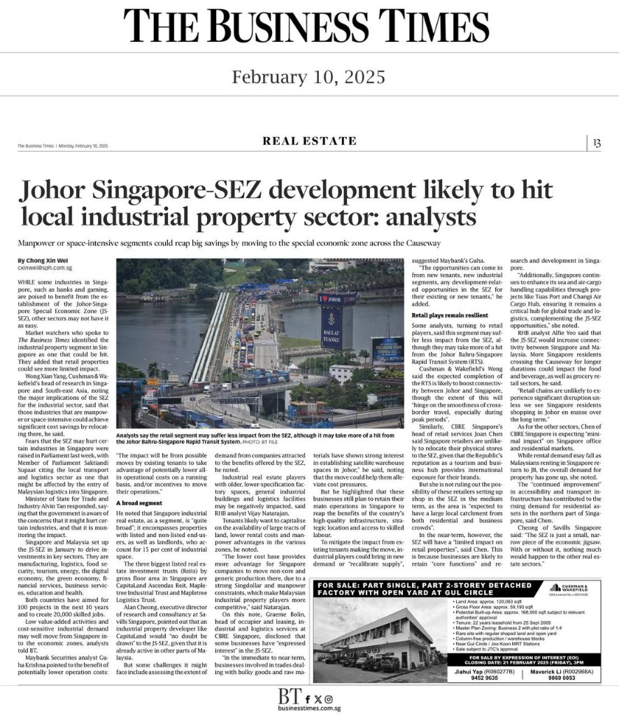 Upcoming Johor-Singapore SEZ to benefit developers and Reits in industrial, commercial sectors