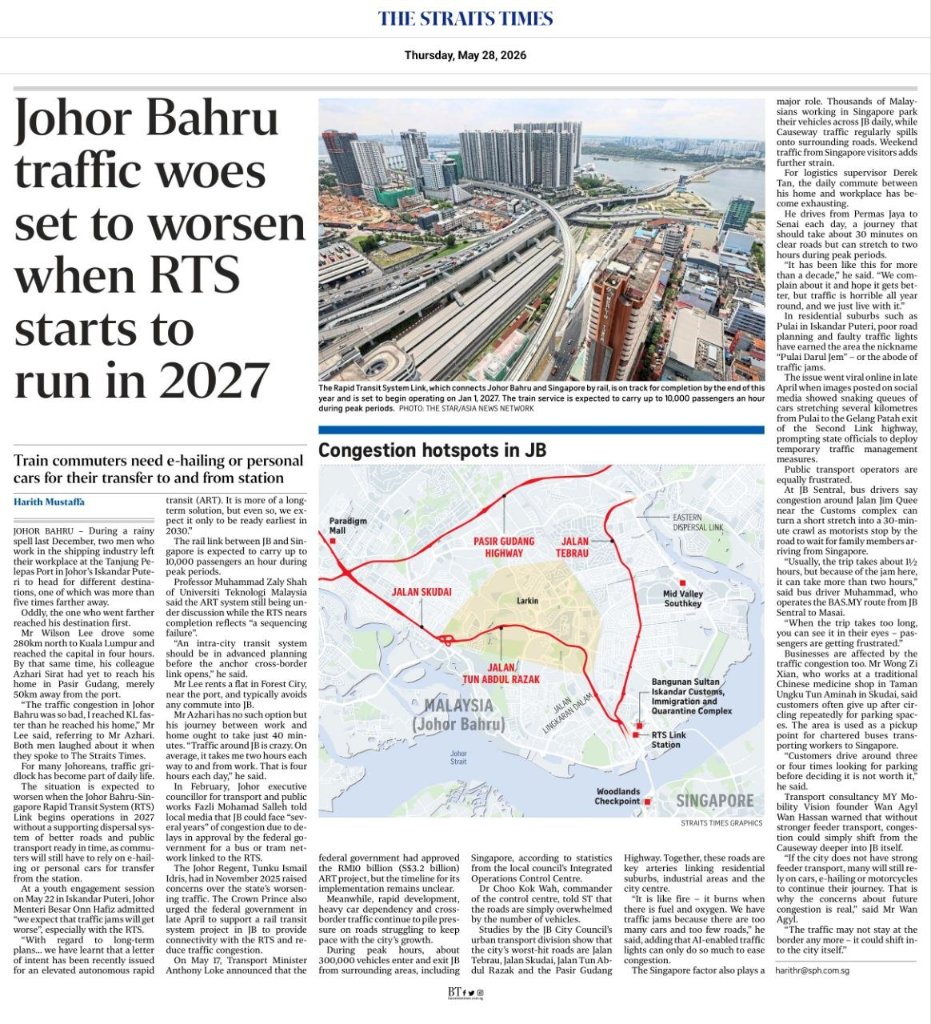 Johor Bahru traffic woes set to worsen when RTS starts to run in 2027